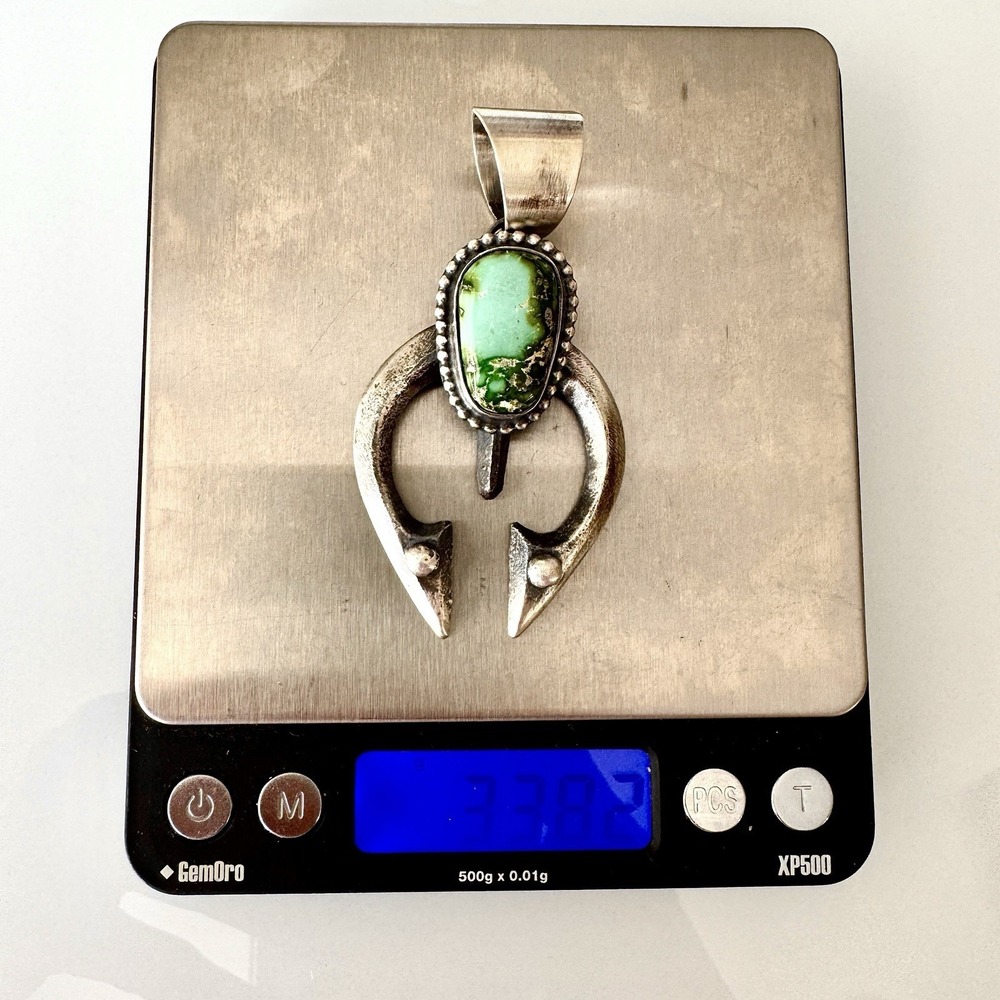 Navajo Naja Pendant Turquoise Signed Chimney Butte 2.75in Squash Blossom Matte - Picture 5 of 6